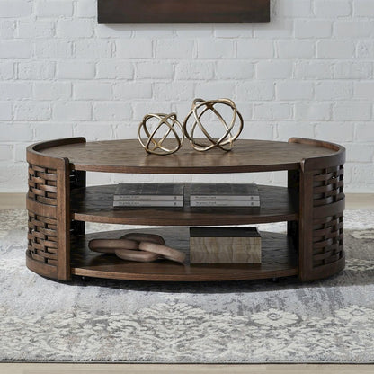 Warren Park Oval Cocktail Table - Coffee Brown Oak, Basket Weave Accent