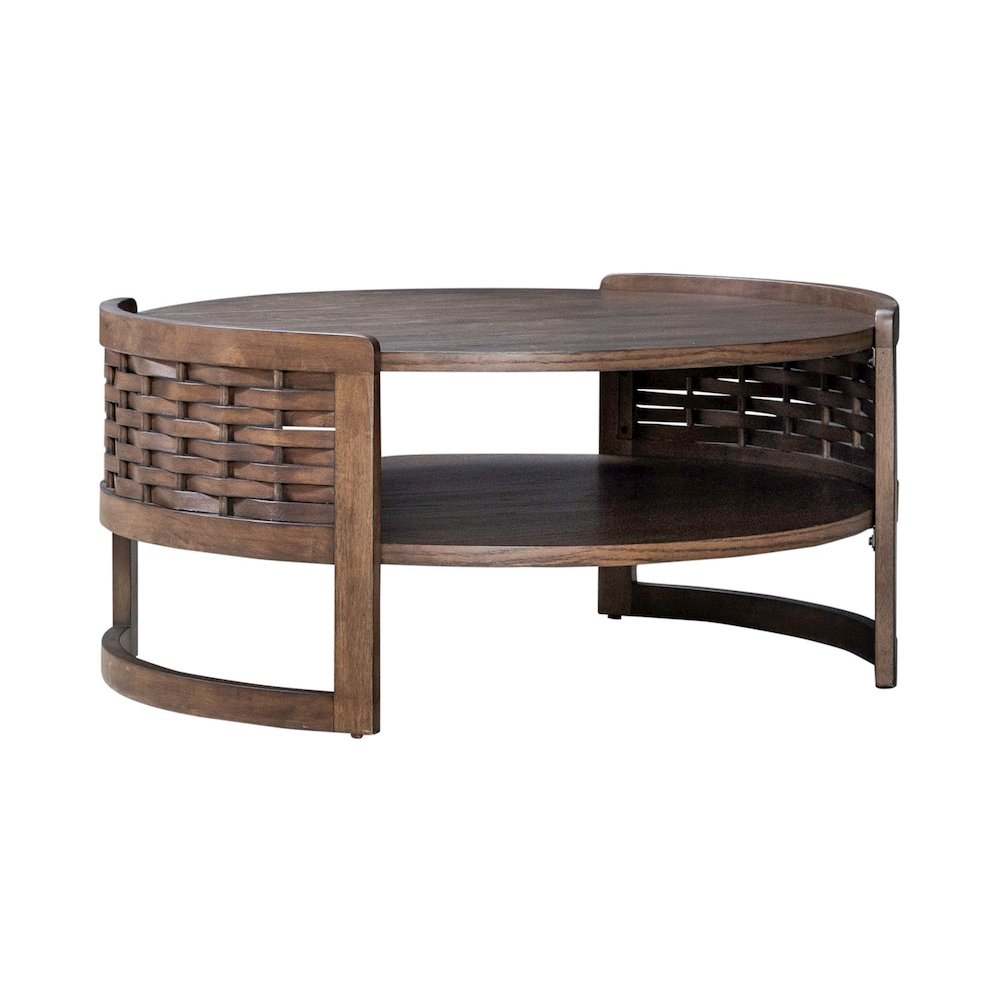 Warren Park Round Cocktail Table - Coffee Brown Oak, Basket Weave Accent