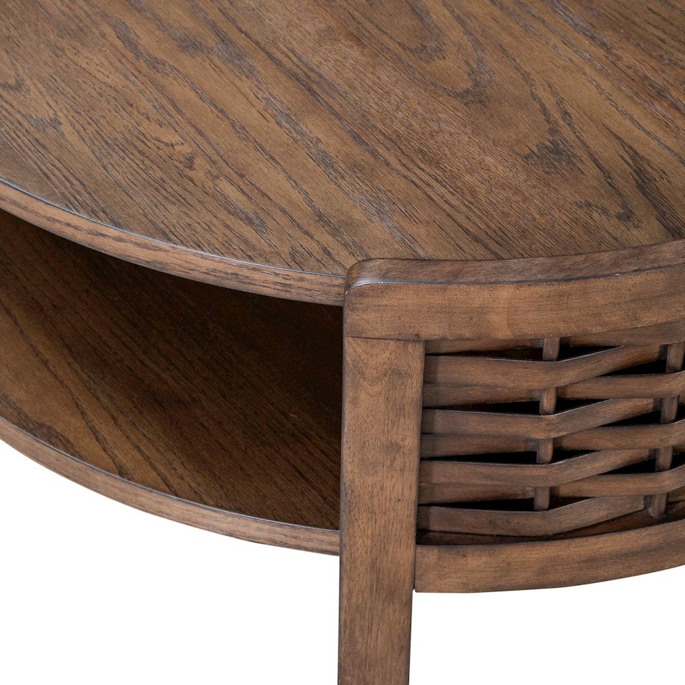 Warren Park Round Cocktail Table - Coffee Brown Oak, Basket Weave Accent