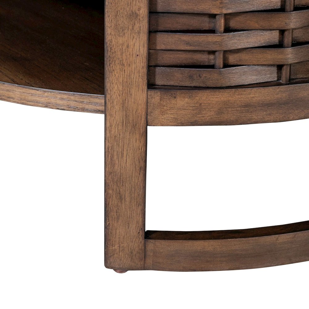 Warren Park Round Cocktail Table - Coffee Brown Oak, Basket Weave Accent