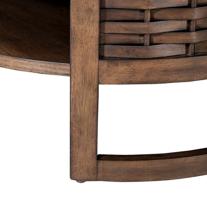 Warren Park Round Cocktail Table - Coffee Brown Oak, Basket Weave Accent