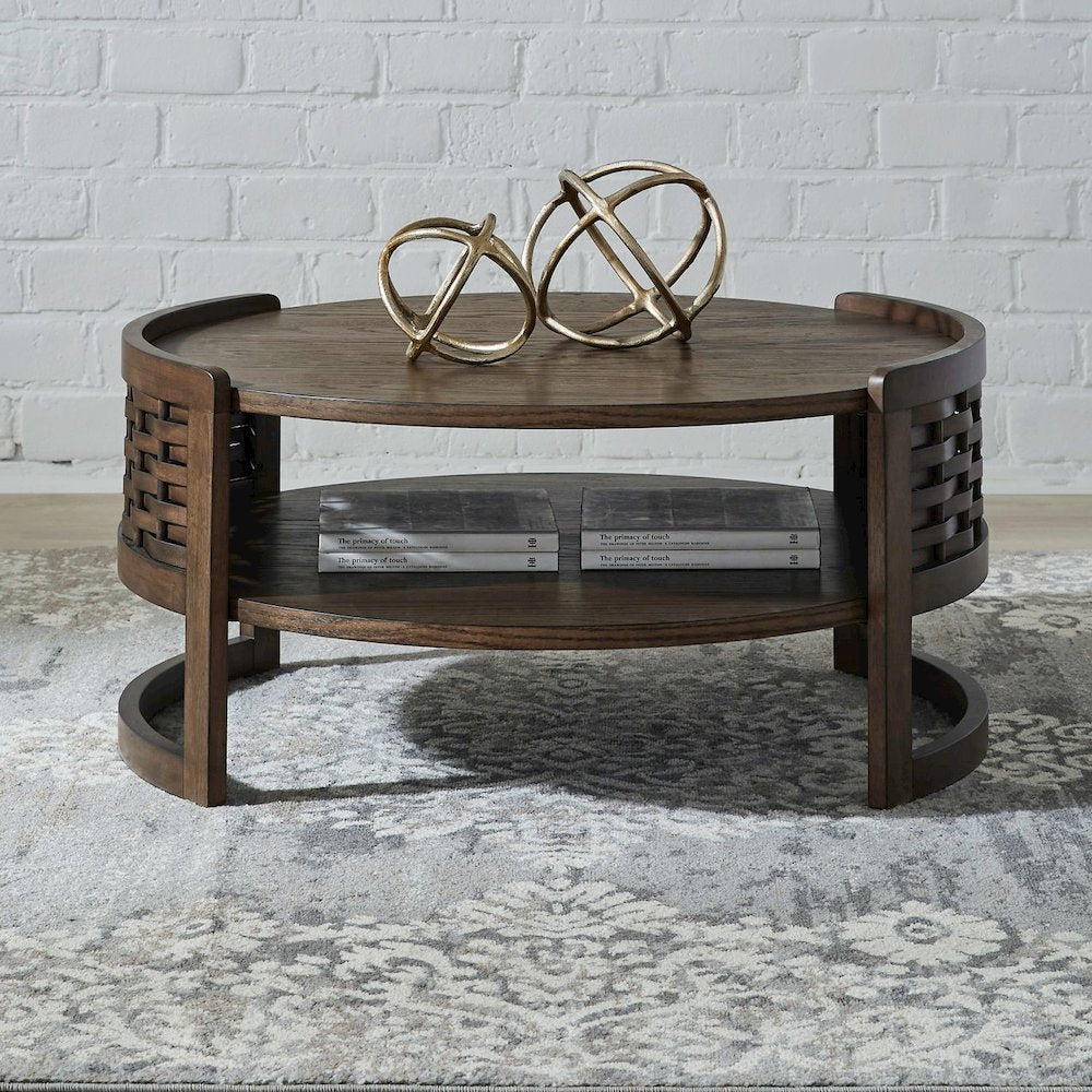 Warren Park Round Cocktail Table - Coffee Brown Oak, Basket Weave Accent