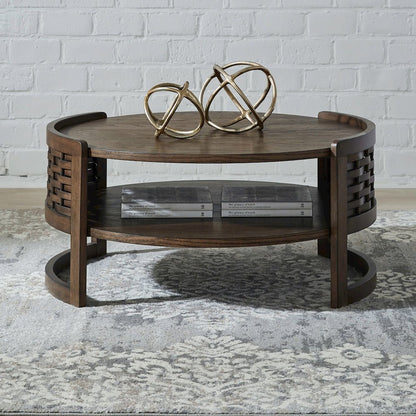 Warren Park Round Cocktail Table - Coffee Brown Oak, Basket Weave Accent