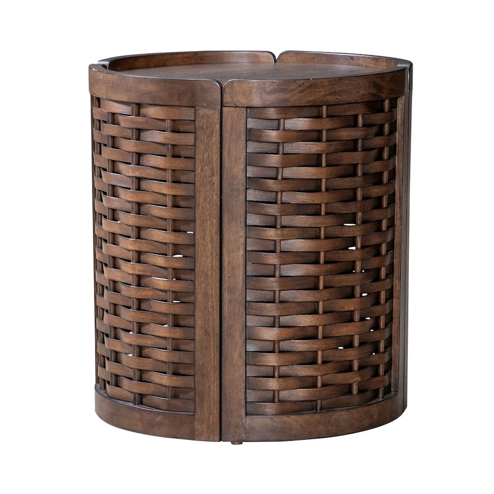 Warren Park Round End Table - Coffee Brown Oak, Basket Weave Accent
