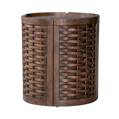 Warren Park Round End Table - Coffee Brown Oak, Basket Weave Accent