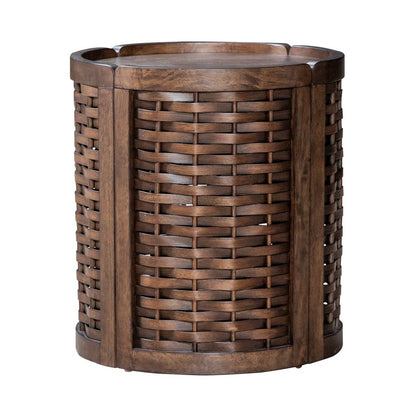 Warren Park Round End Table - Coffee Brown Oak, Basket Weave Accent