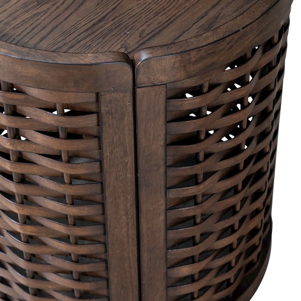 Warren Park Round End Table - Coffee Brown Oak, Basket Weave Accent
