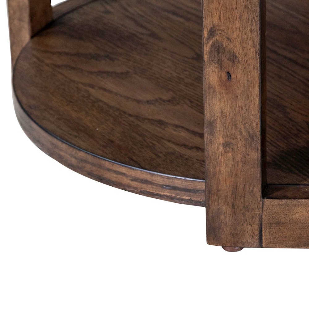 Warren Park Round End Table - Coffee Brown Oak, Basket Weave Accent