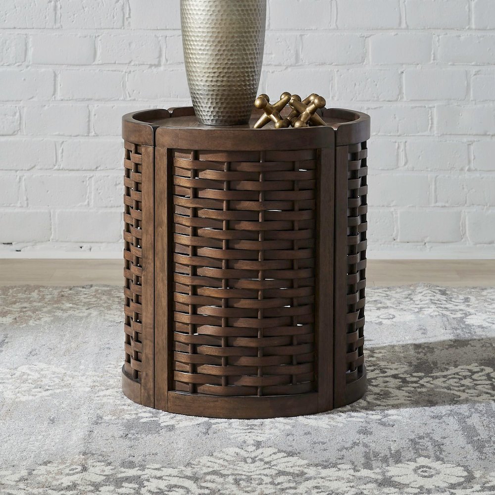 Warren Park Round End Table - Coffee Brown Oak, Basket Weave Accent