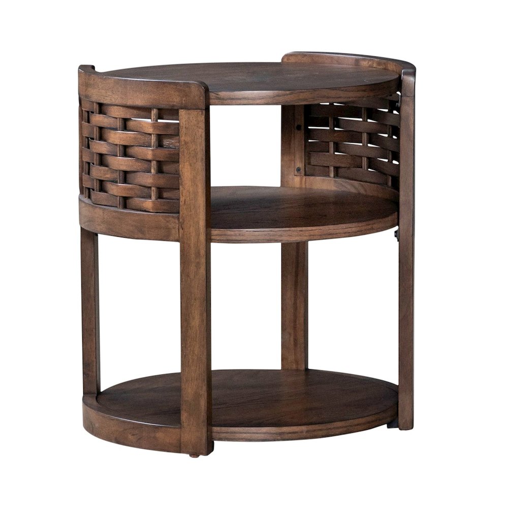 Warren Park Round Chairside Table - Coffee Brown Oak, Basket Weave Accent
