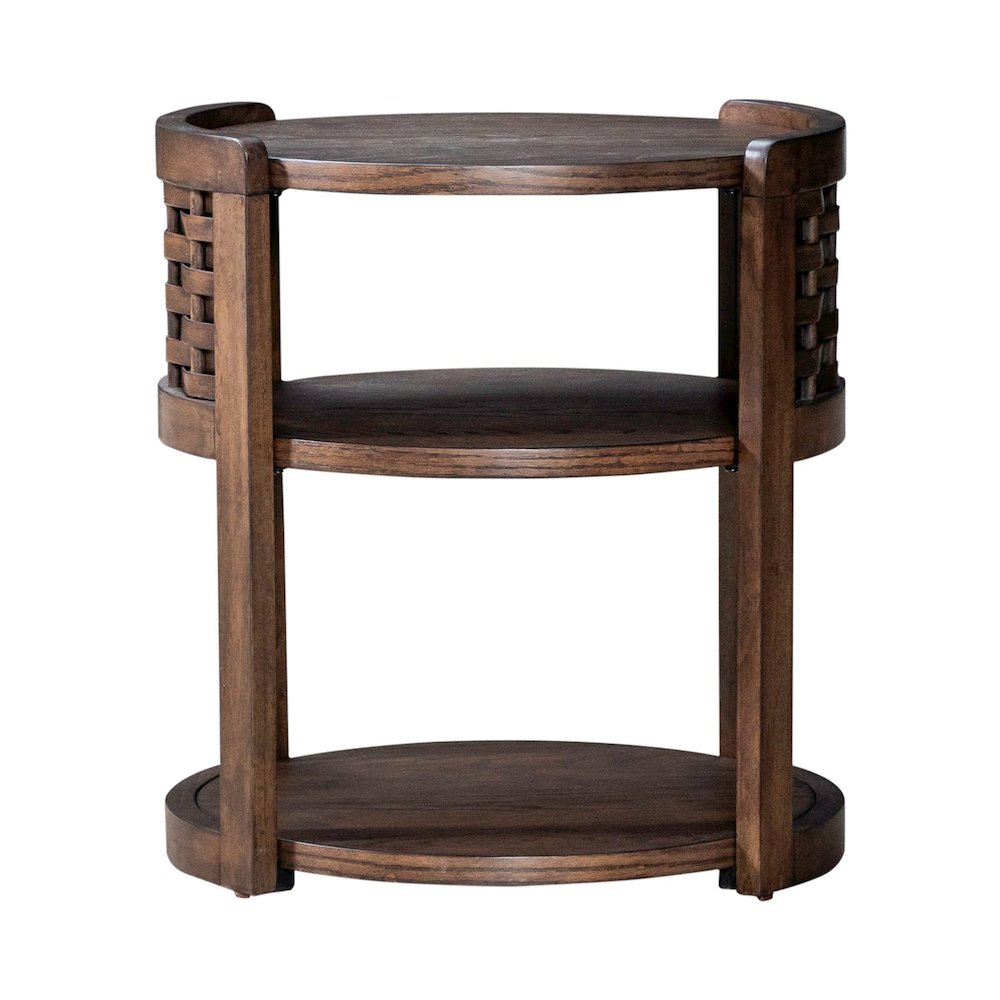 Warren Park Round Chairside Table - Coffee Brown Oak, Basket Weave Accent