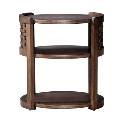 Warren Park Round Chairside Table - Coffee Brown Oak, Basket Weave Accent