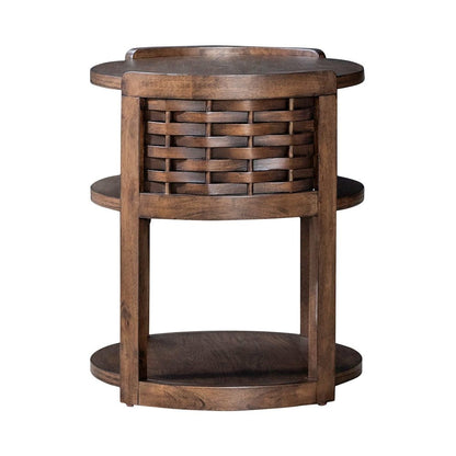 Warren Park Round Chairside Table - Coffee Brown Oak, Basket Weave Accent