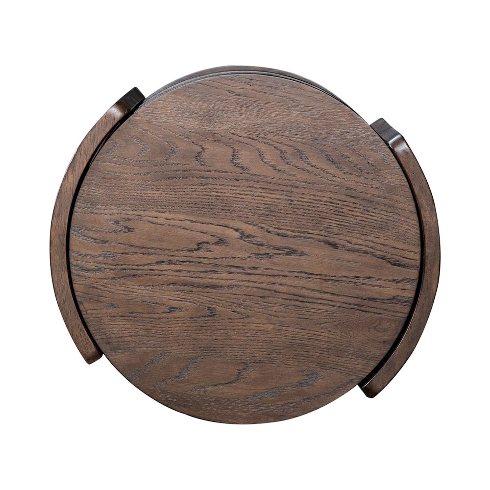 Warren Park Round Chairside Table - Coffee Brown Oak, Basket Weave Accent