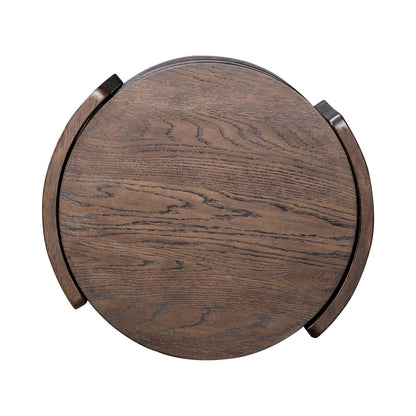 Warren Park Round Chairside Table - Coffee Brown Oak, Basket Weave Accent