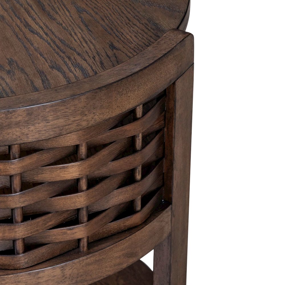 Warren Park Round Chairside Table - Coffee Brown Oak, Basket Weave Accent