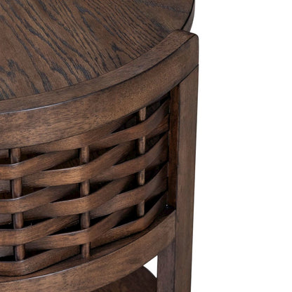 Warren Park Round Chairside Table - Coffee Brown Oak, Basket Weave Accent