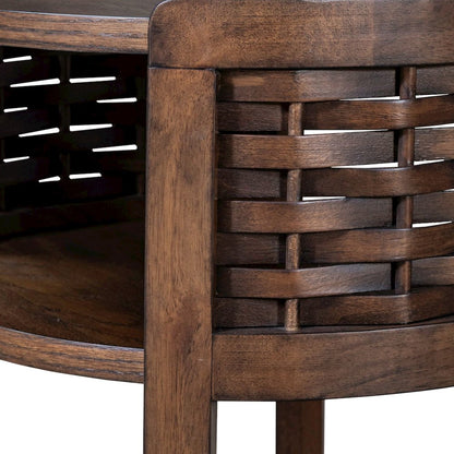 Warren Park Round Chairside Table - Coffee Brown Oak, Basket Weave Accent