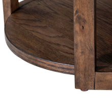 Warren Park Round Chairside Table - Coffee Brown Oak, Basket Weave Accent
