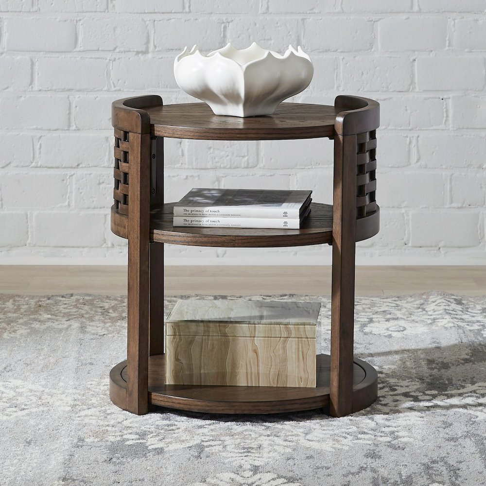 Warren Park Round Chairside Table - Coffee Brown Oak, Basket Weave Accent