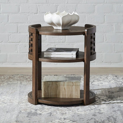 Warren Park Round Chairside Table - Coffee Brown Oak, Basket Weave Accent
