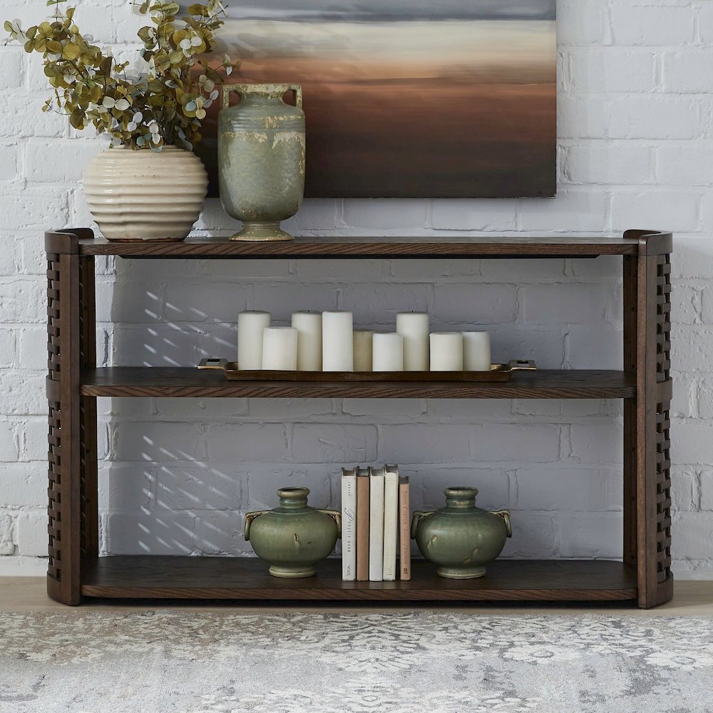 Warren Park Sofa Table - Coffee Brown Oak, Basket Weave Accent