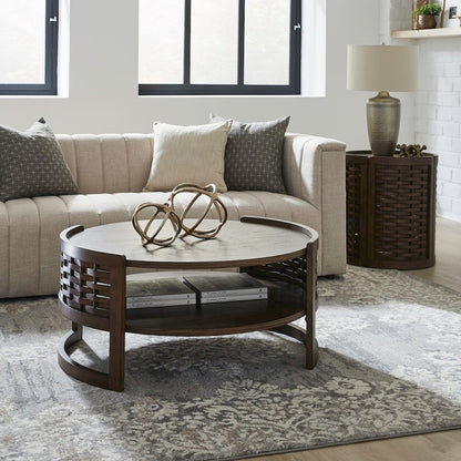 Warren Park Opt 3 Piece Set - Round Cocktail, 2 End Tables, Coffee Brown Oak