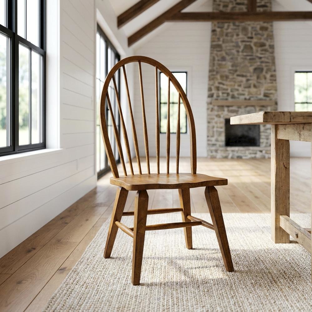 Solid Wood Windsor Back Spindle Dining Chair for Farmhouse Kitchen, Brown