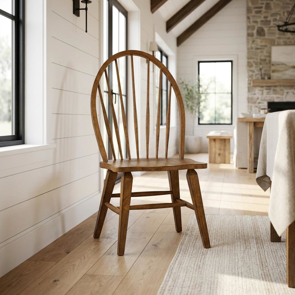 Solid Wood Windsor Back Spindle Dining Chair for Farmhouse Kitchen, Brown