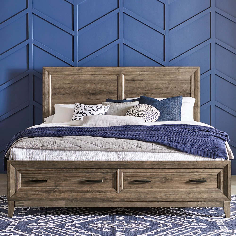 Ridgecrest King Storage Bed Frame with Footboard Drawers - Cobblestone Brown