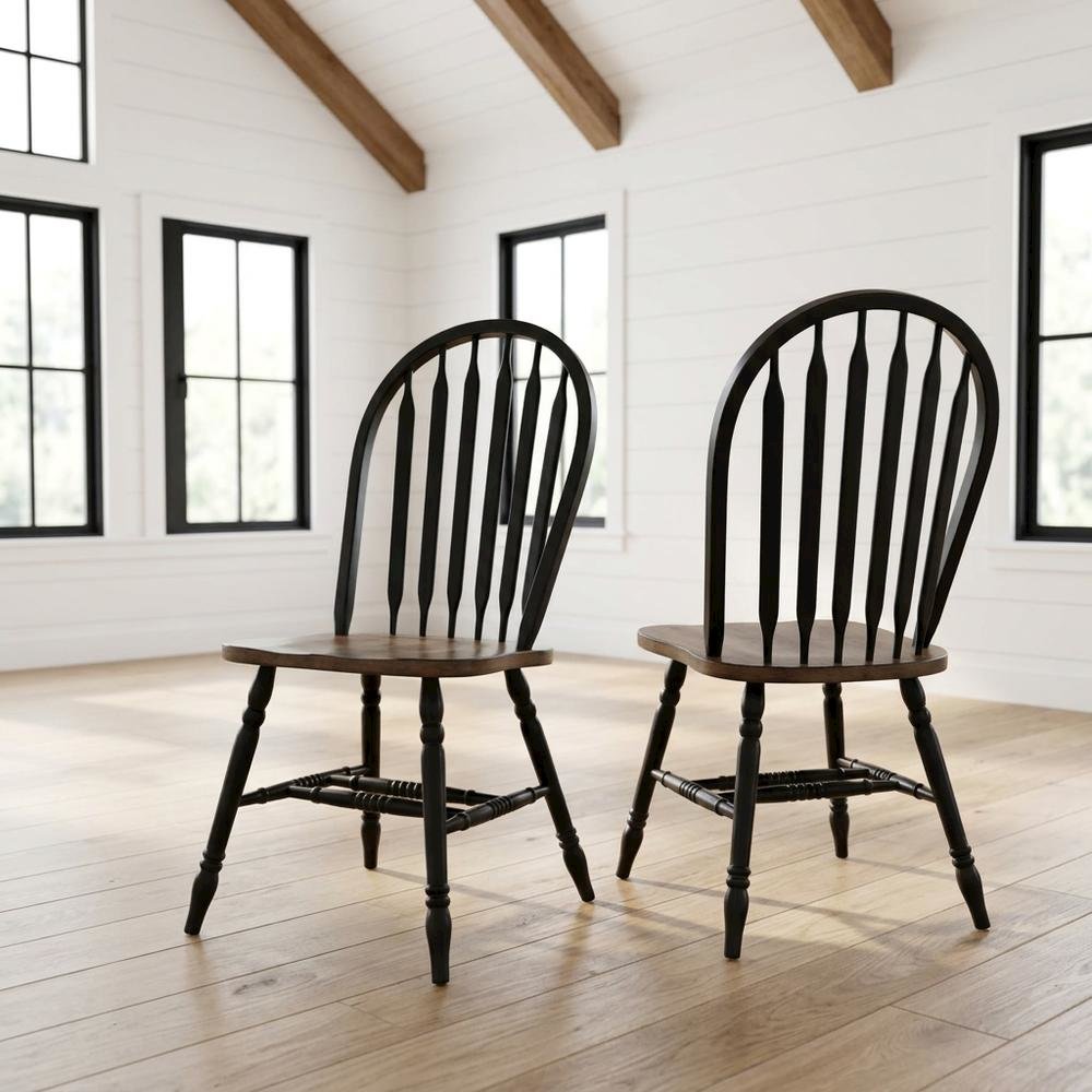 Rubberwood Solid Wood Windsor Spindle Dining Chairs for Kitchen, Set of 2