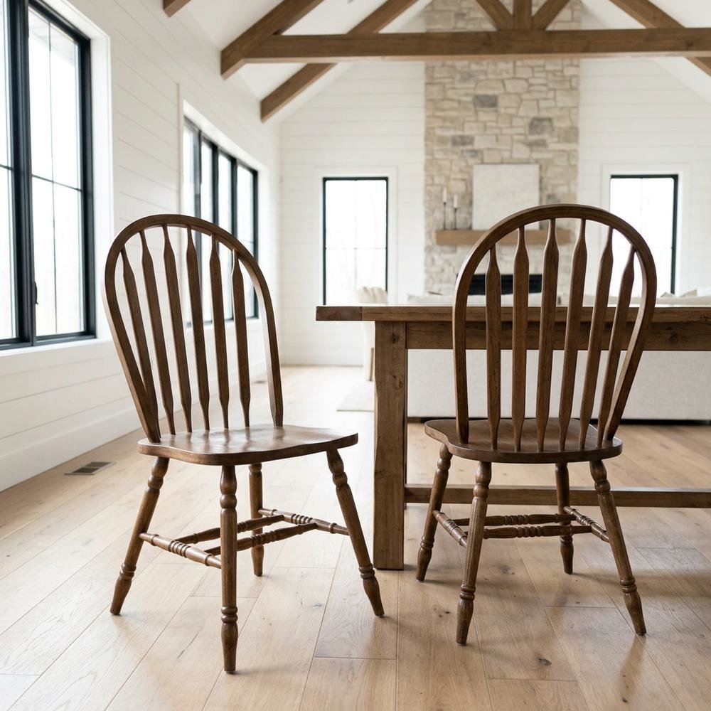 Solid Wood Windsor Dining Chairs, Spindle-Back Cottage Kitchen Seats, Set of 2