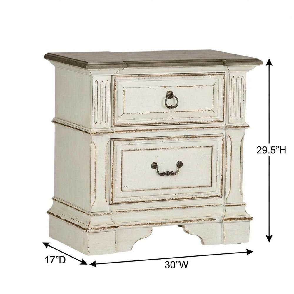 Antique White Nightstand with Charging Station and Storage