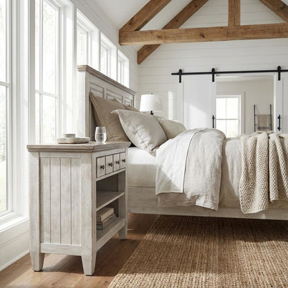 White Nightstand with Charging Station and Farmhouse Style