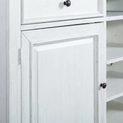 White Wirebrushed Highboy TV Console with Charcoal Top in Cottage Style