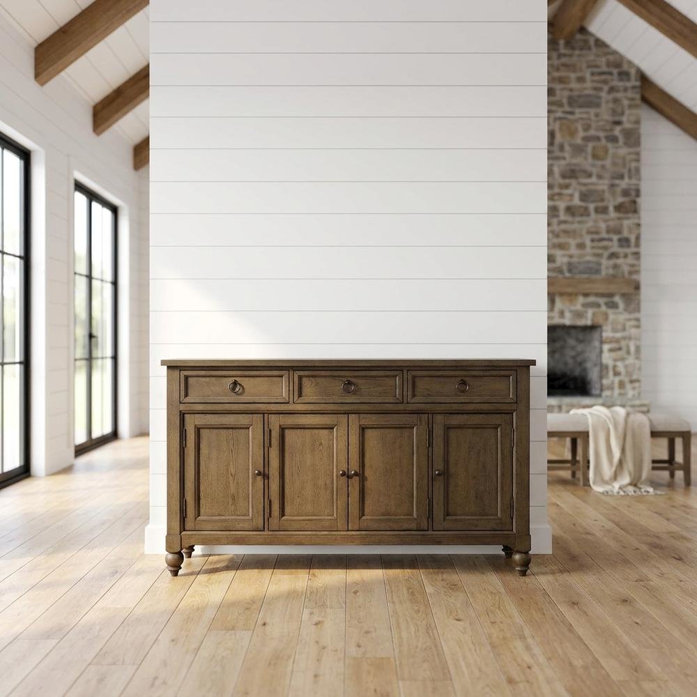Solid Wood Farmhouse Buffet Cabinet with Drawers and Storage Cabinet, Brown