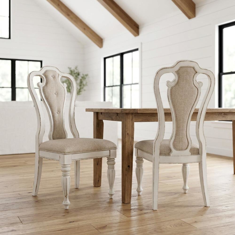Chenille Upholstered Splat-Back Rubberwood Dining Chair, White, Set of 2