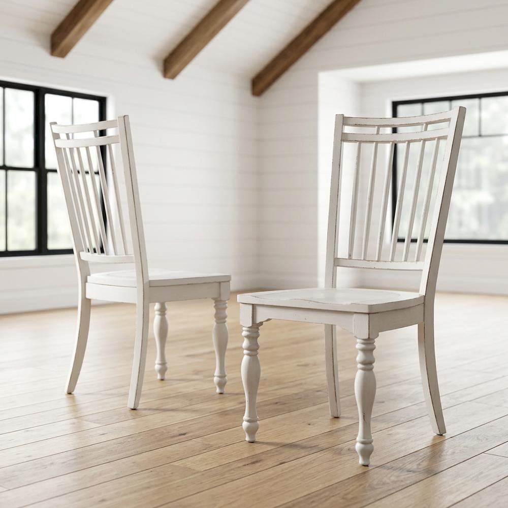Solid Wood Spindle Back Farmhouse Dining Chairs for Kitchen, White, Set of 2