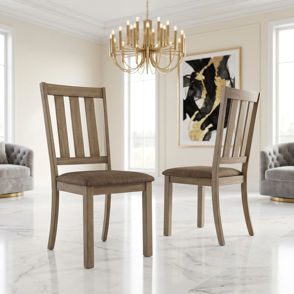 Rubberwood Slat-Back Wooden Dining Chairs, Brown, Set of 2