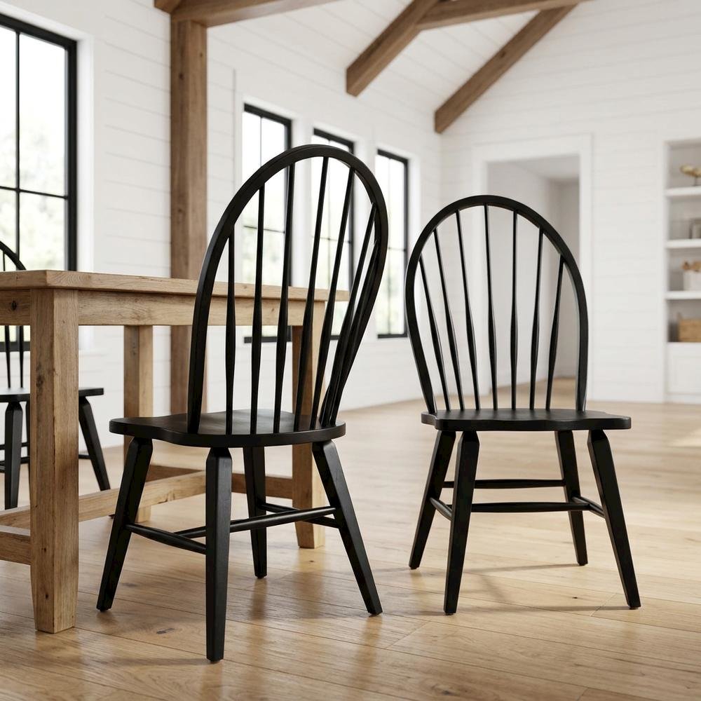 Rubberwood Windsor Back Solid Wood Dining Chair, Brown, Set of 2