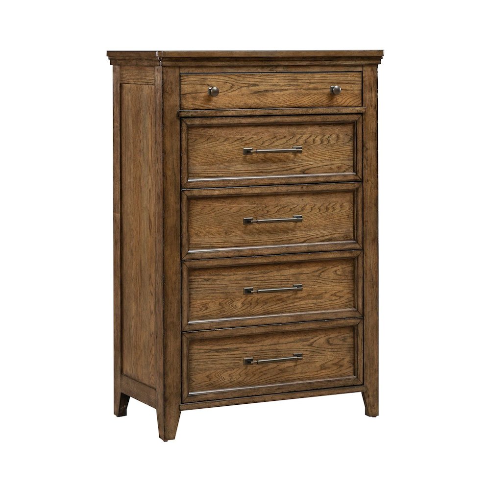 Queen Panel Bed, Dresser & Mirror, Chest, Night Stand Bedroom Set - Amber Brown