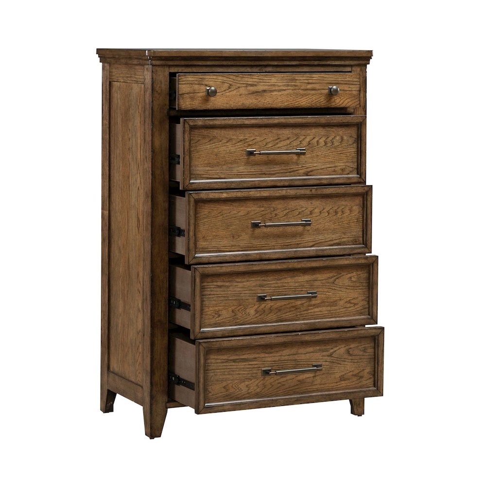 Queen Panel Bed, Dresser & Mirror, Chest, Night Stand Bedroom Set - Amber Brown