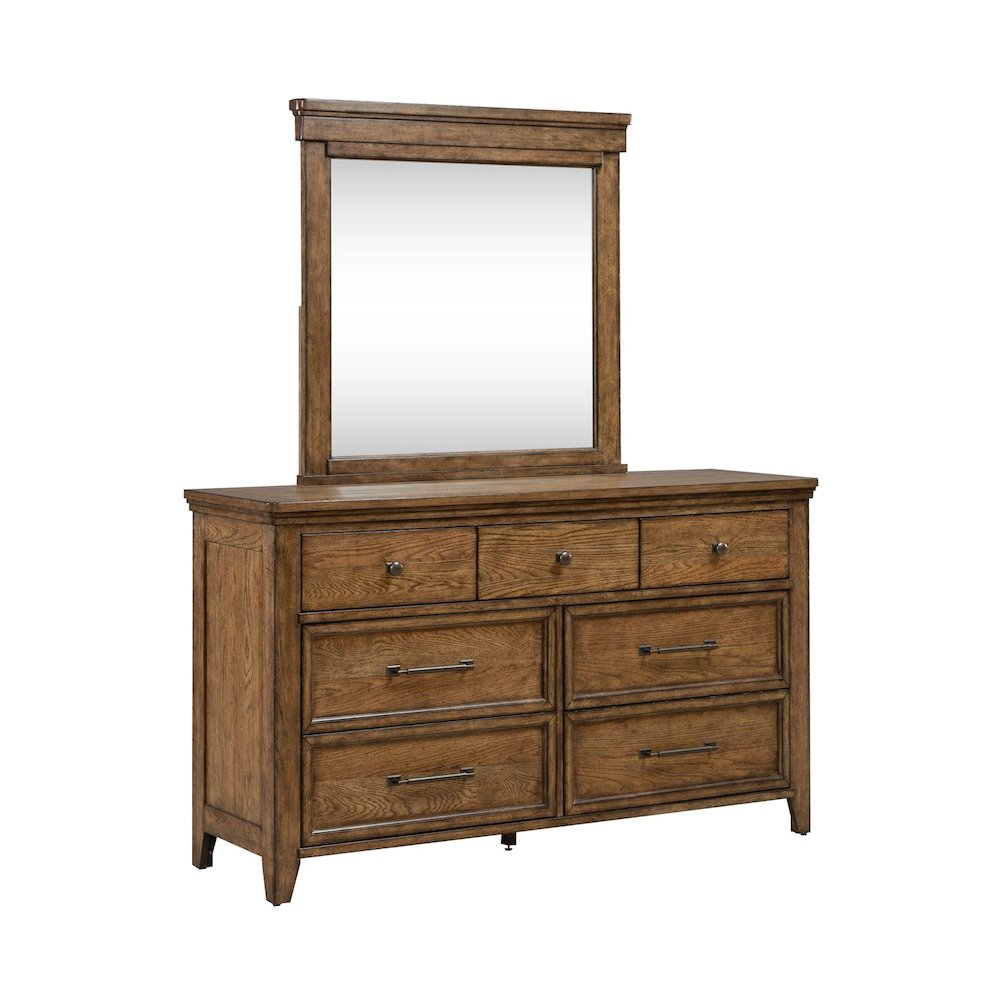 King Panel Bed, Dresser & Mirror, Night Stand Bedroom Set - Amber Brown