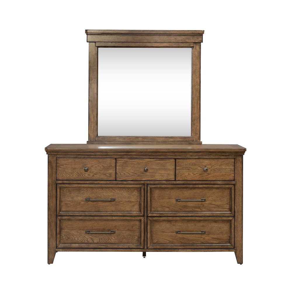 King Panel Bed, Dresser & Mirror, Night Stand Bedroom Set - Amber Brown