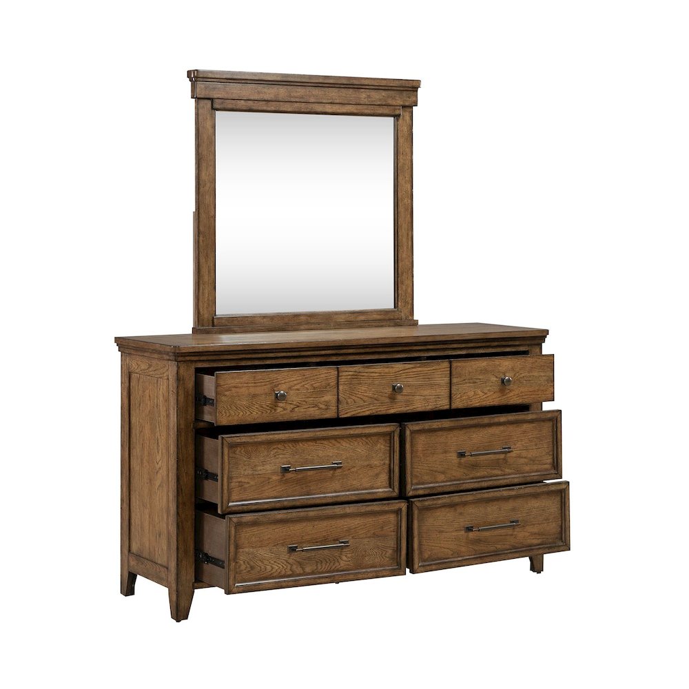 King Panel Bed, Dresser & Mirror, Night Stand Bedroom Set - Amber Brown