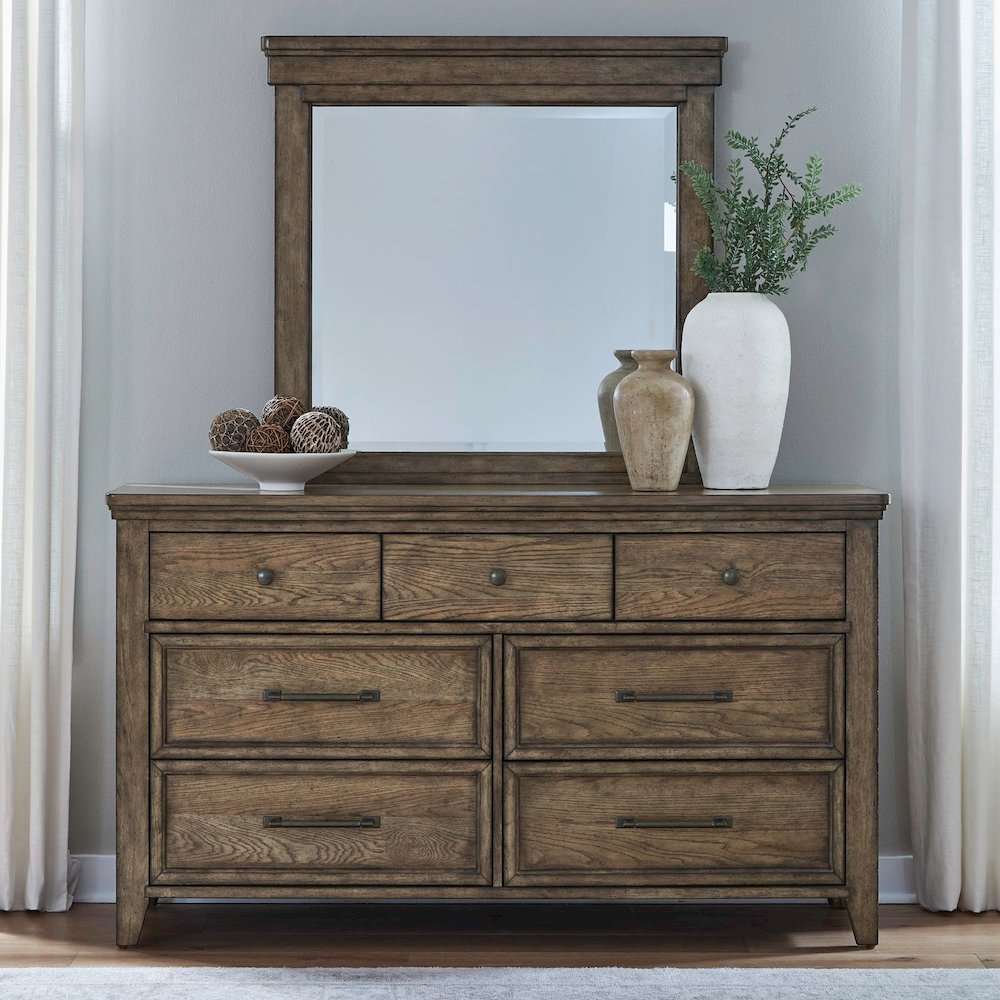 King Panel Bed, Dresser & Mirror, Night Stand Bedroom Set - Amber Brown