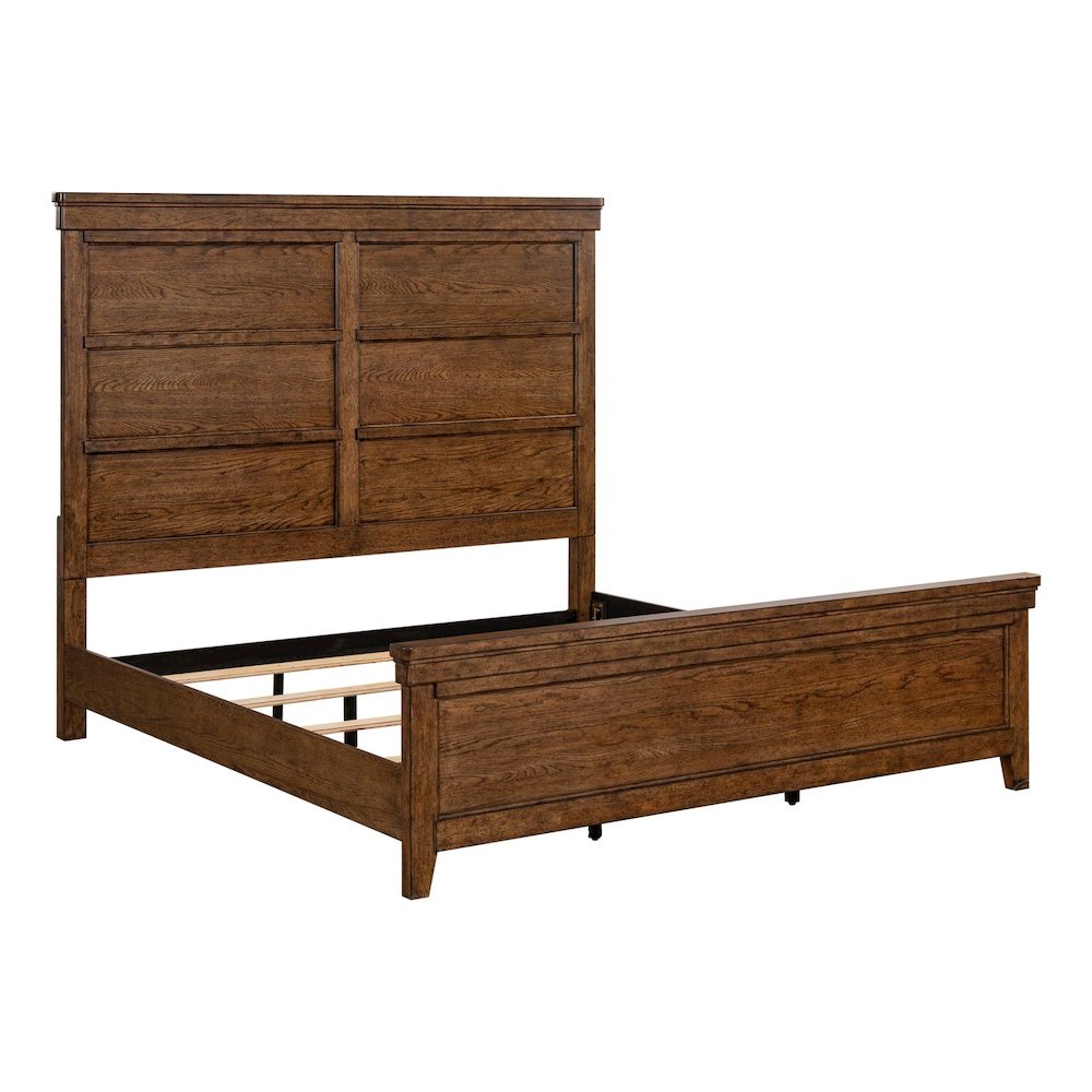 King Panel Bed, Dresser & Mirror, Night Stand Bedroom Set - Amber Brown