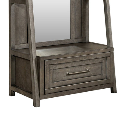 2 Pc Hall Tree Set with Oak Framed Mirror and Storage Drawer - Charcoal