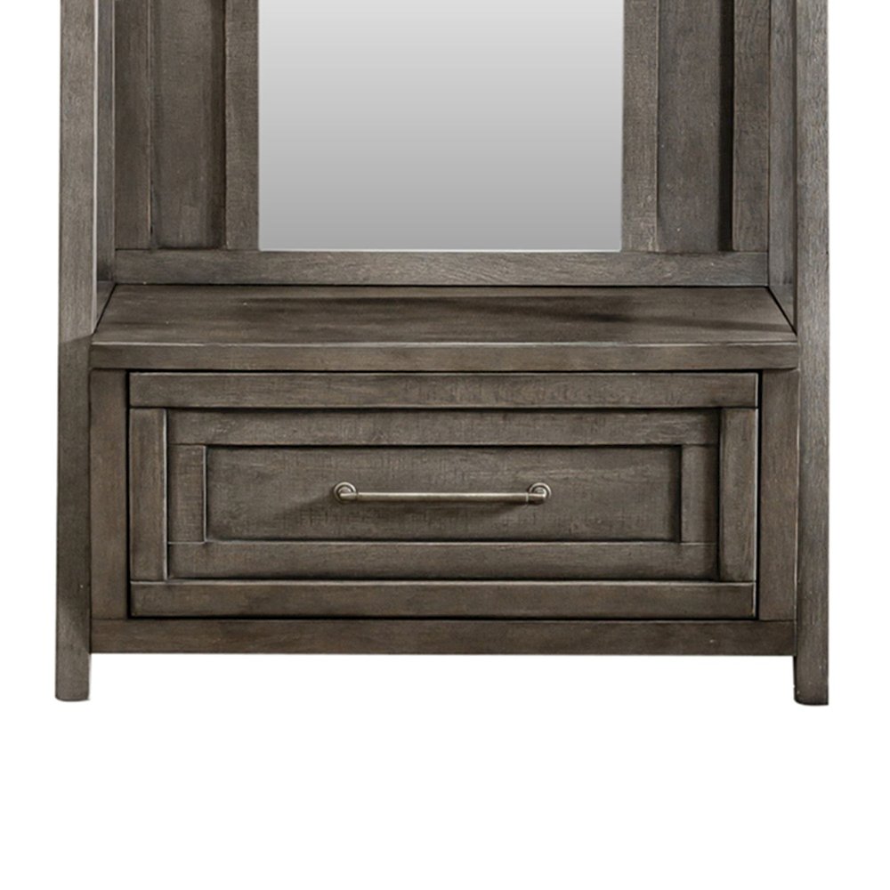2 Pc Hall Tree Set with Oak Framed Mirror and Storage Drawer - Charcoal