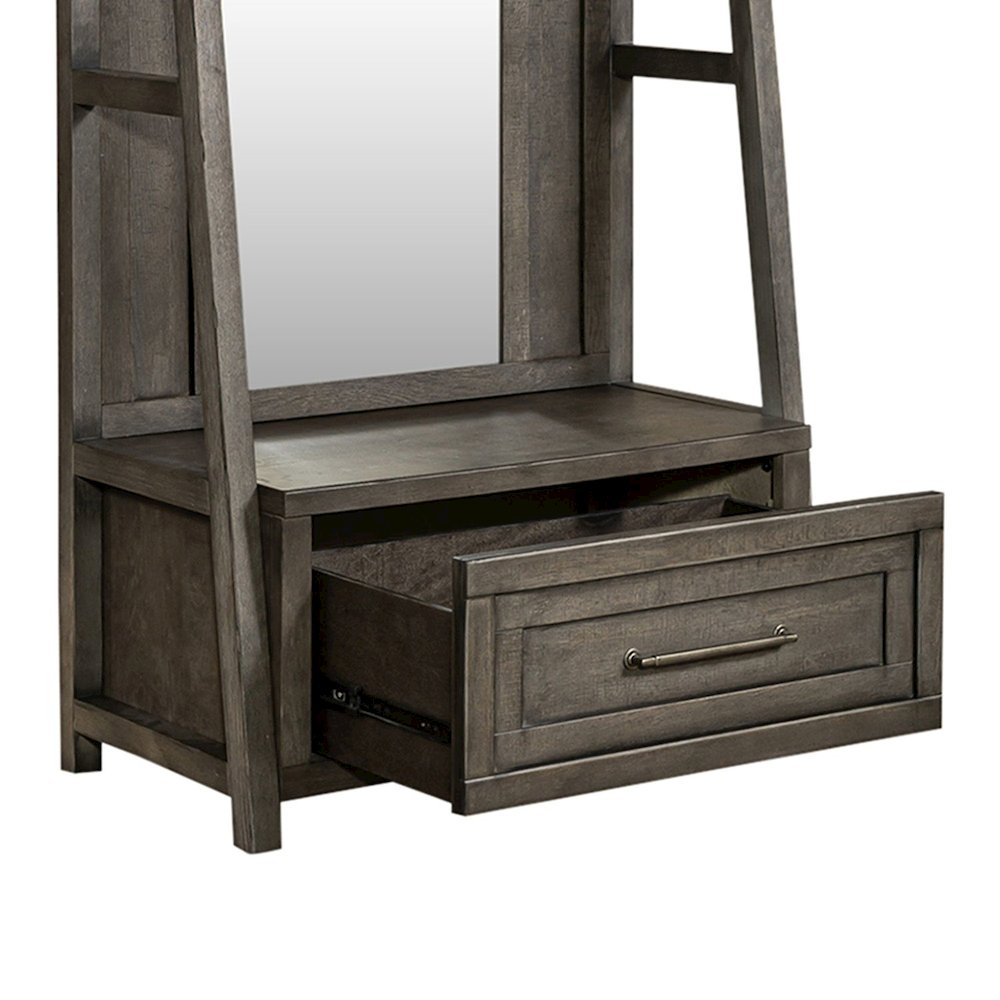 2 Pc Hall Tree Set with Oak Framed Mirror and Storage Drawer - Charcoal